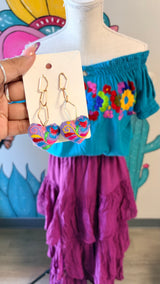Purple Embroidered Heart Earrings